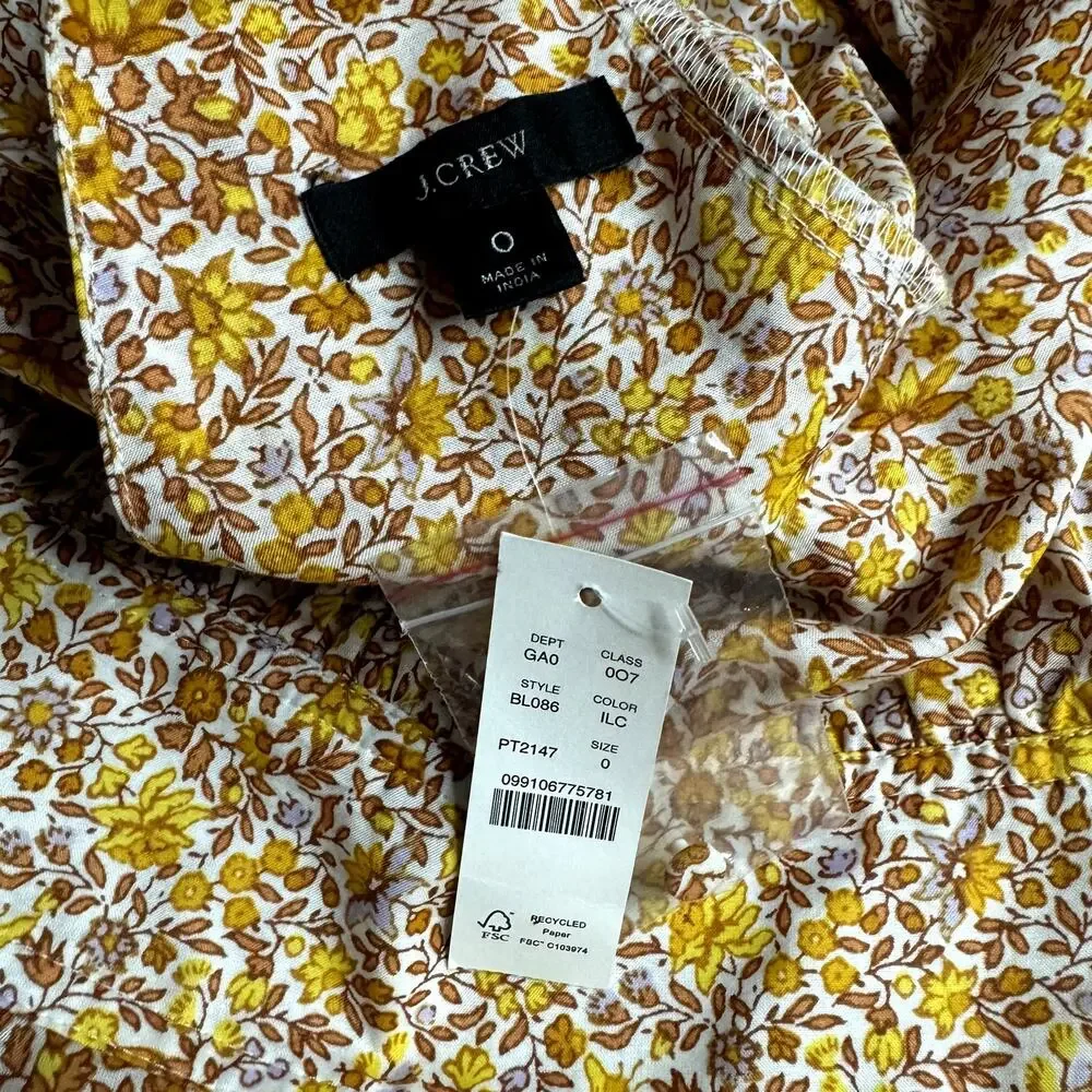 Women's J. Crew Ditsy Floral Blouse Puff Sleeve V-neck Back Zip‎ Poplin Top sz 0